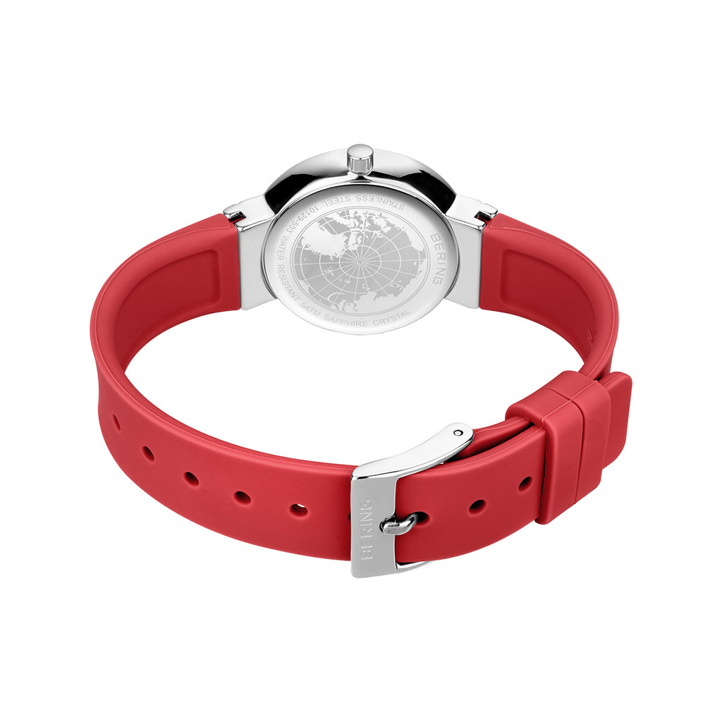 Bering Damenuhr 10129-503 Rot Edelstahl Armbanduhr mit Silikonband modern elegant