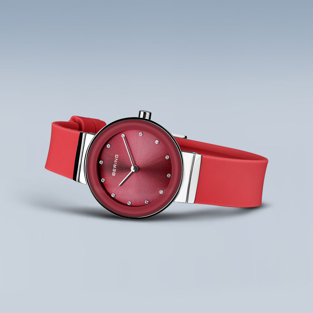 Bering Damenuhr 10129-503 Rot Edelstahl Armbanduhr mit Silikonband modern elegant
