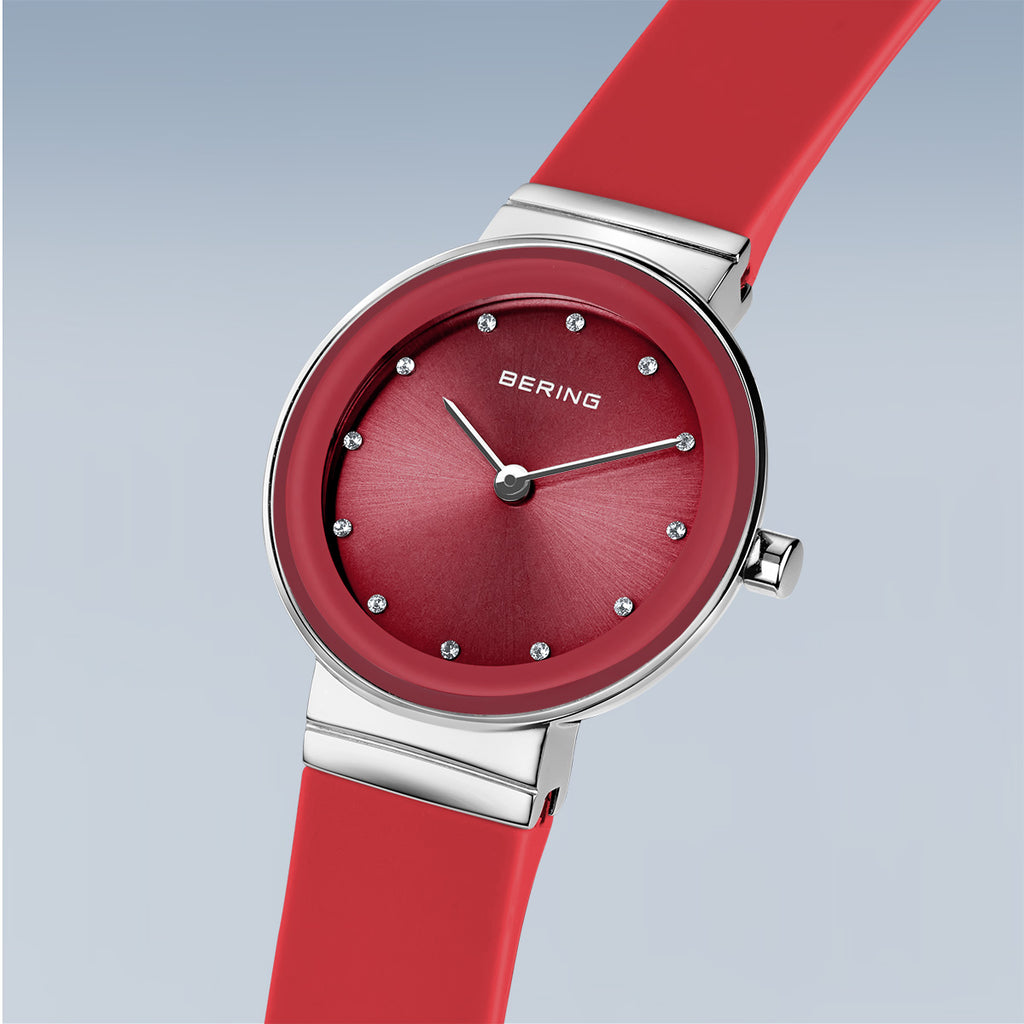 Bering Damenuhr 10129-503 Rot Edelstahl Armbanduhr mit Silikonband modern elegant