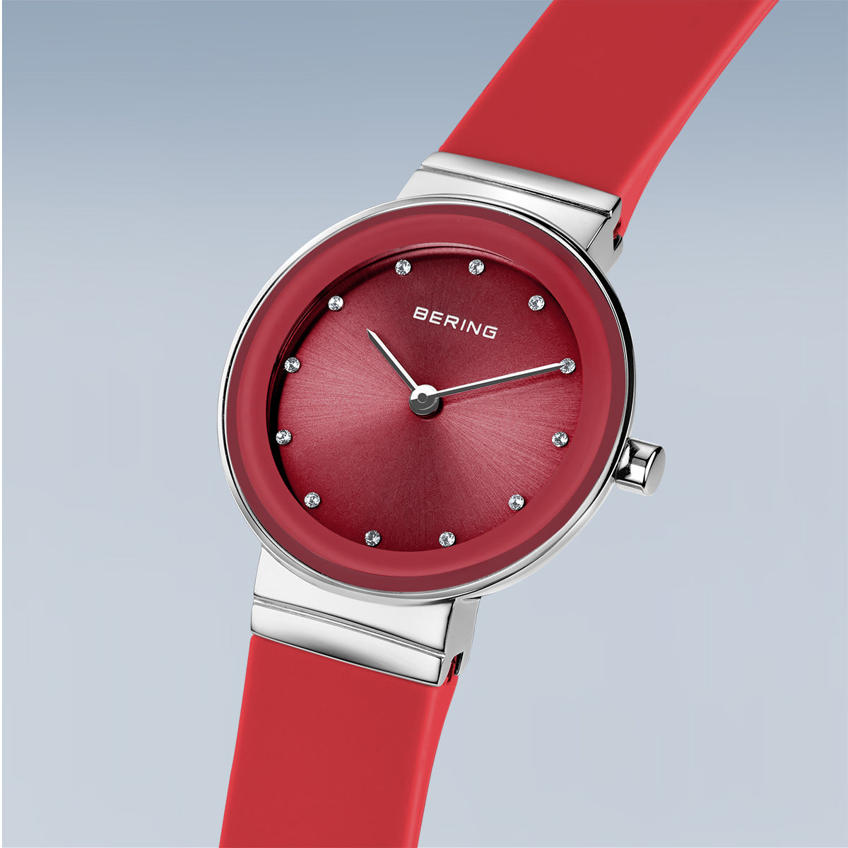 Bering Damenuhr 10129-503 Rot Edelstahl Armbanduhr mit Silikonband modern elegant