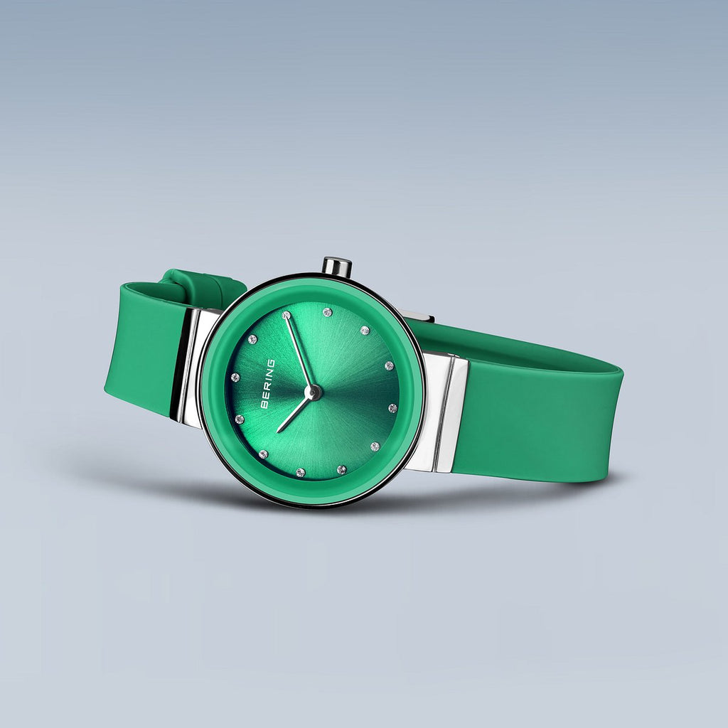 Bering Damenuhr 10129-808 Grün Edelstahl Armbanduhr mit Silikonband elegant modern