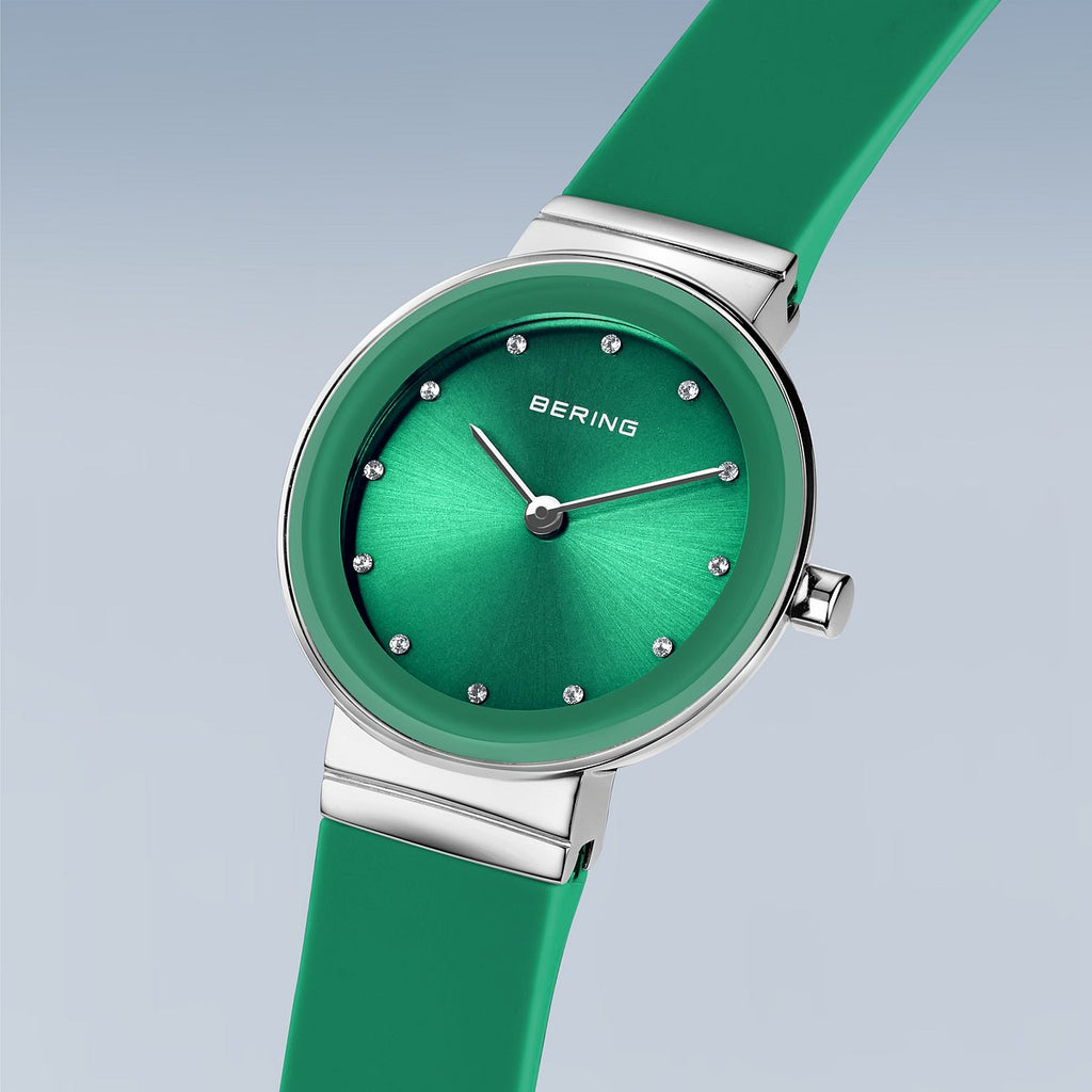 Bering Damenuhr 10129-808 Grün Edelstahl Armbanduhr mit Silikonband elegant modern