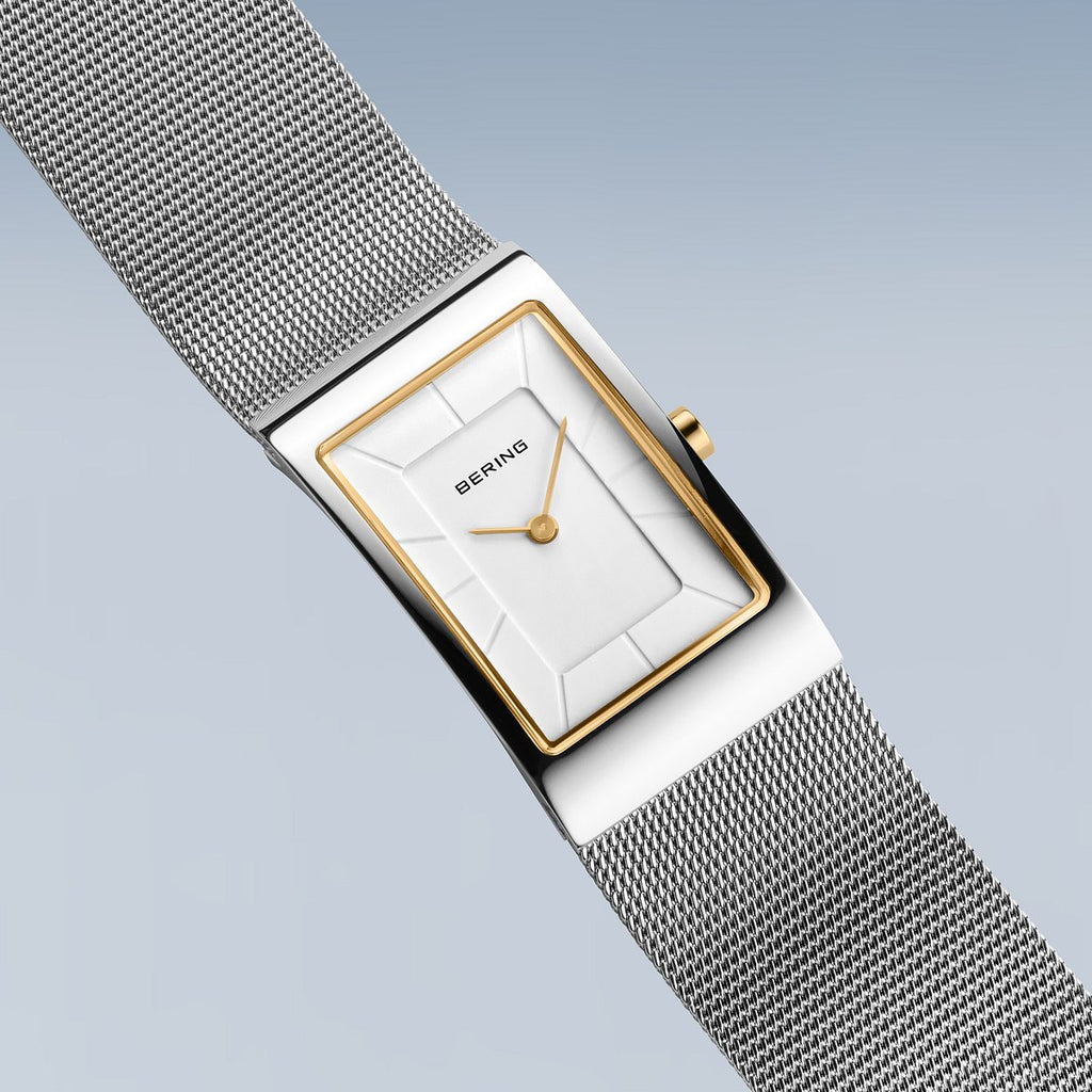 Bering Damenuhr 10222-010-S Silber Gold Edelstahl Armbanduhr rechteckig mit Milanaiseband elegant