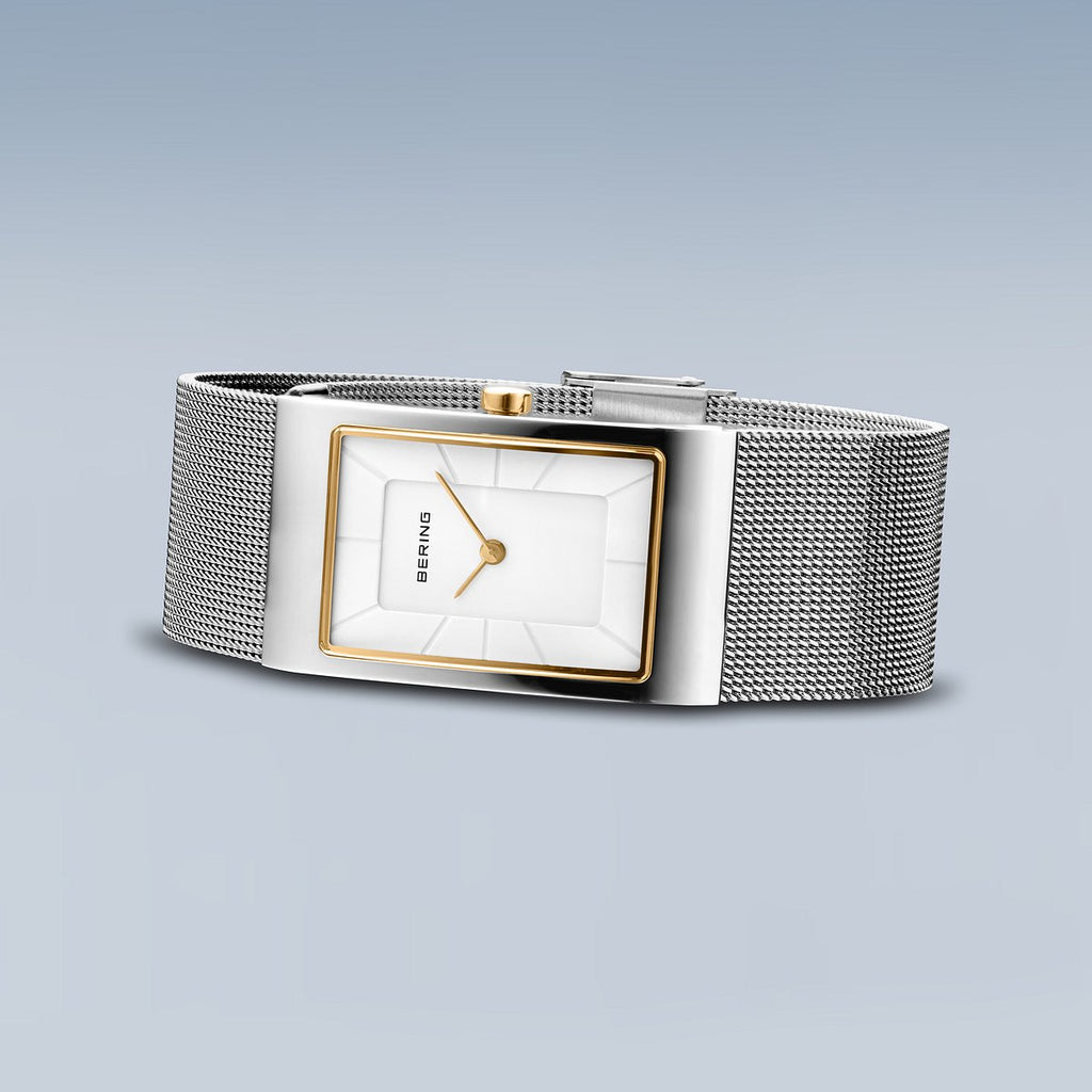 Bering Damenuhr 10222-010-S Silber Gold Edelstahl Armbanduhr rechteckig mit Milanaiseband elegant