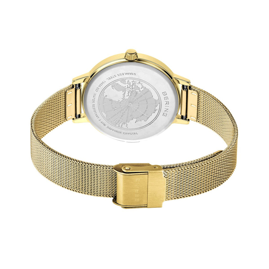 Bering Damenuhr 13434-332 Gold Schwarz Edelstahl Armbanduhr mit Milanaiseband elegant modern