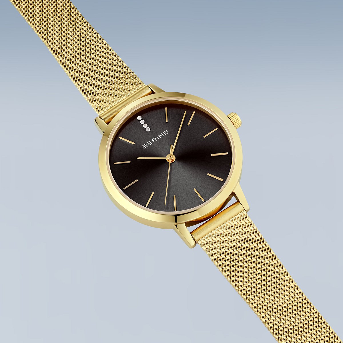 Bering Damenuhr 13434-332 Gold Schwarz Edelstahl Armbanduhr mit Milanaiseband elegant modern