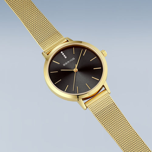 Bering Damenuhr 13434-332 Gold Schwarz Edelstahl Armbanduhr mit Milanaiseband elegant modern
