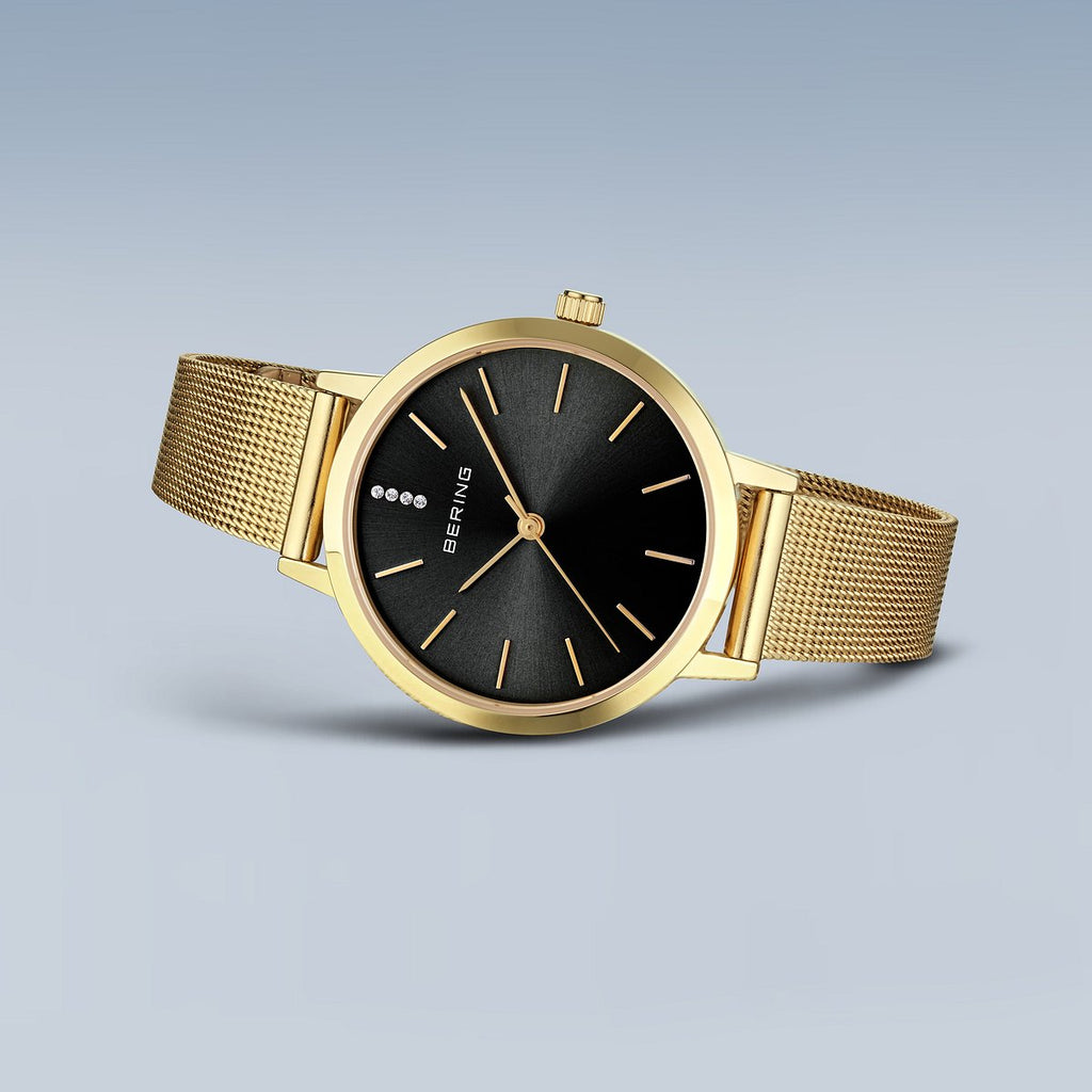 Bering Damenuhr 13434-332 Gold Schwarz Edelstahl Armbanduhr mit Milanaiseband elegant modern