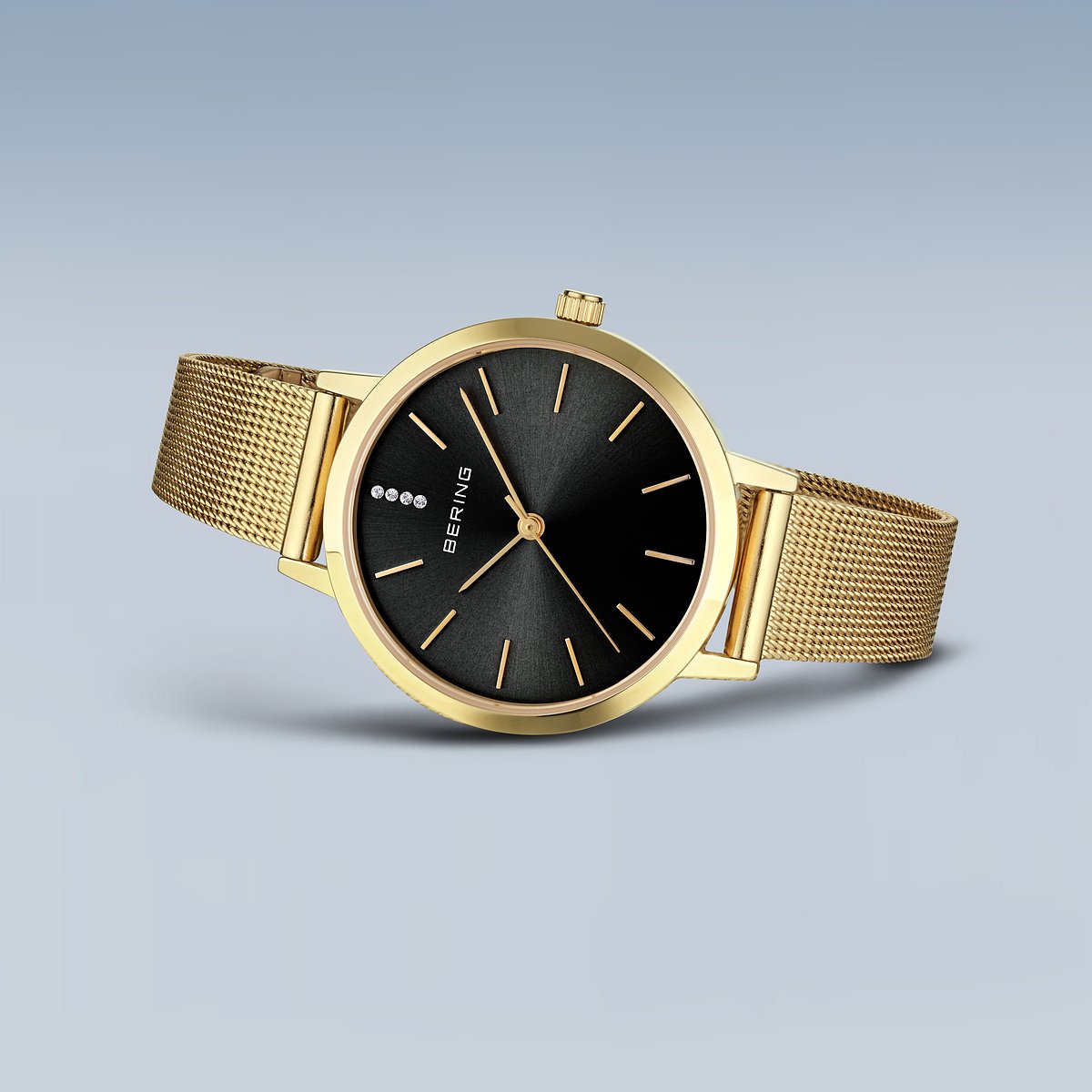 Bering Damenuhr 13434-332 Gold Schwarz Edelstahl Armbanduhr mit Milanaiseband elegant modern