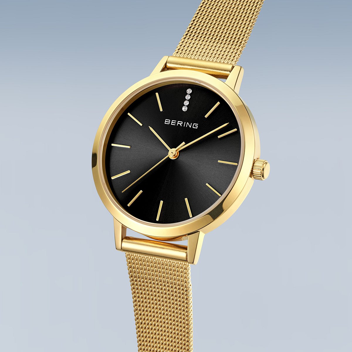 Bering Damenuhr 13434-332 Gold Schwarz Edelstahl Armbanduhr mit Milanaiseband elegant modern