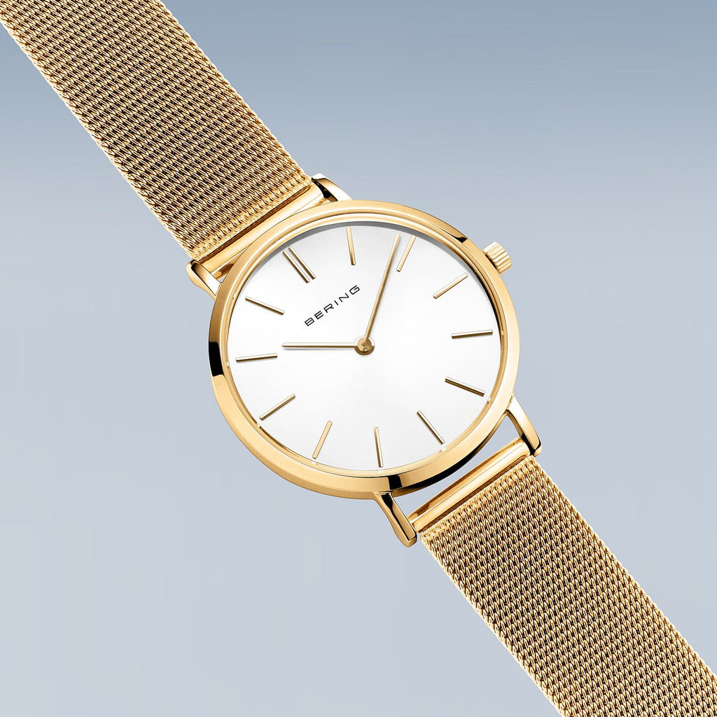 Bering Damenuhr 14134-331 Gold Weiß Milanaisearmband elegant