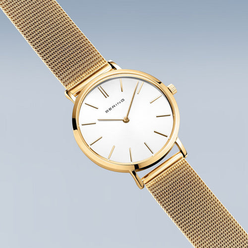 Bering Damenuhr 14134-331 Gold Weiß Milanaisearmband elegant