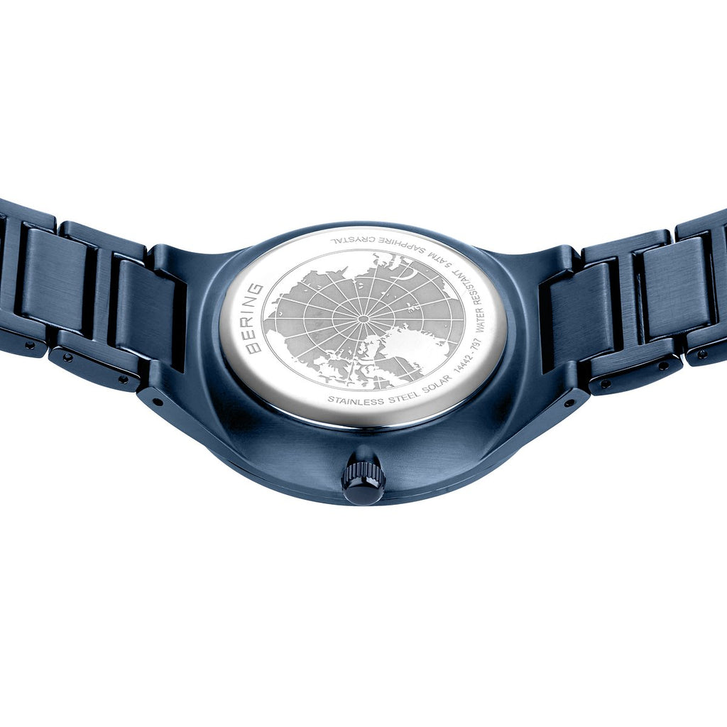 Bering Herrenuhr 14442-797 Solar Blau Orange Edelstahlarmband Datum