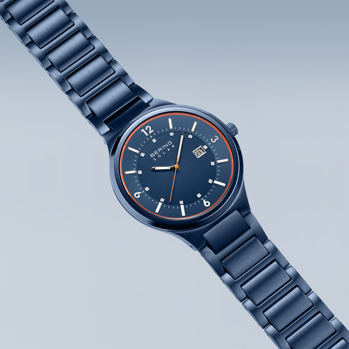Bering Herrenuhr 14442-797 Solar Blau Orange Edelstahlarmband Datum