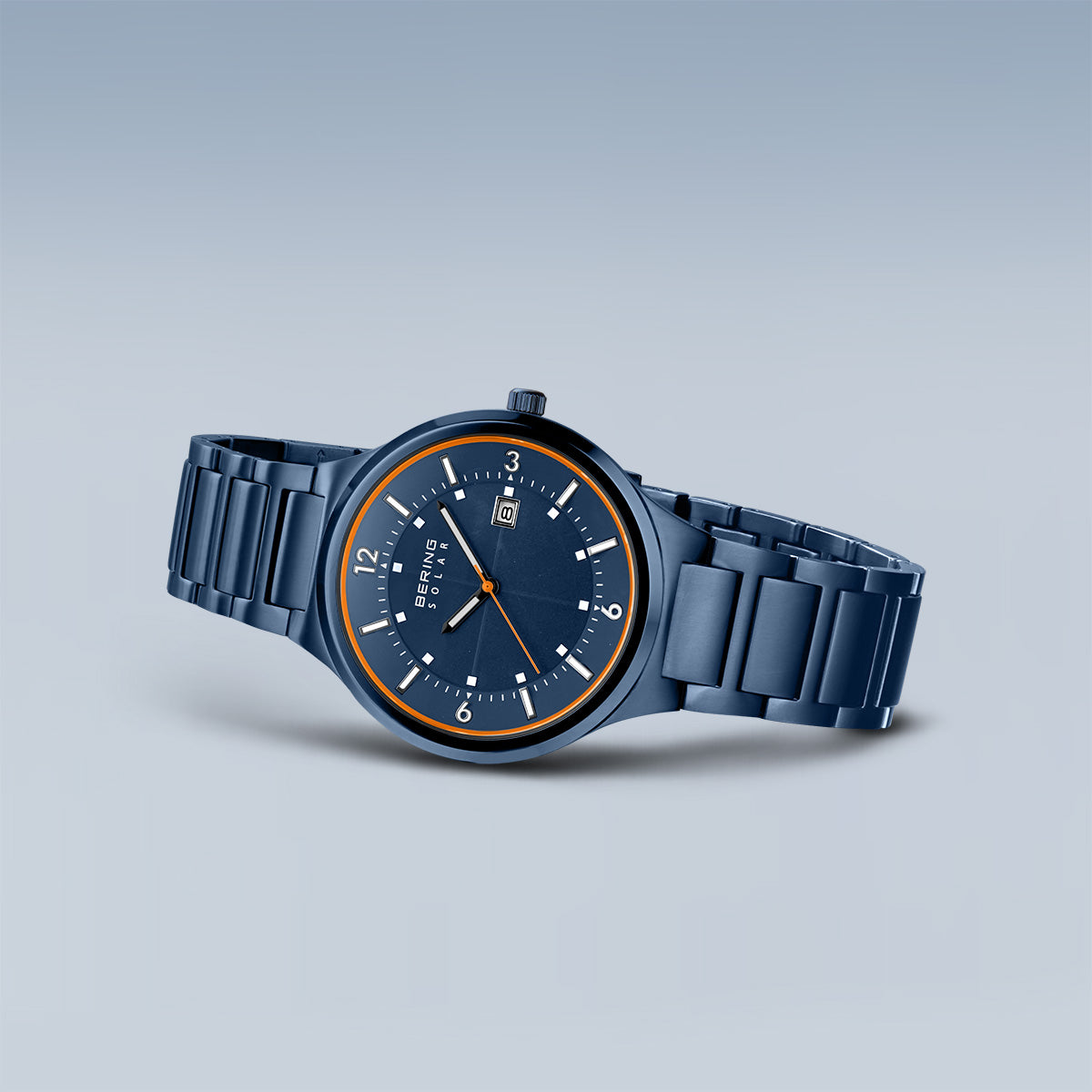 Bering Herrenuhr 14442-797 Solar Blau Orange Edelstahlarmband Datum