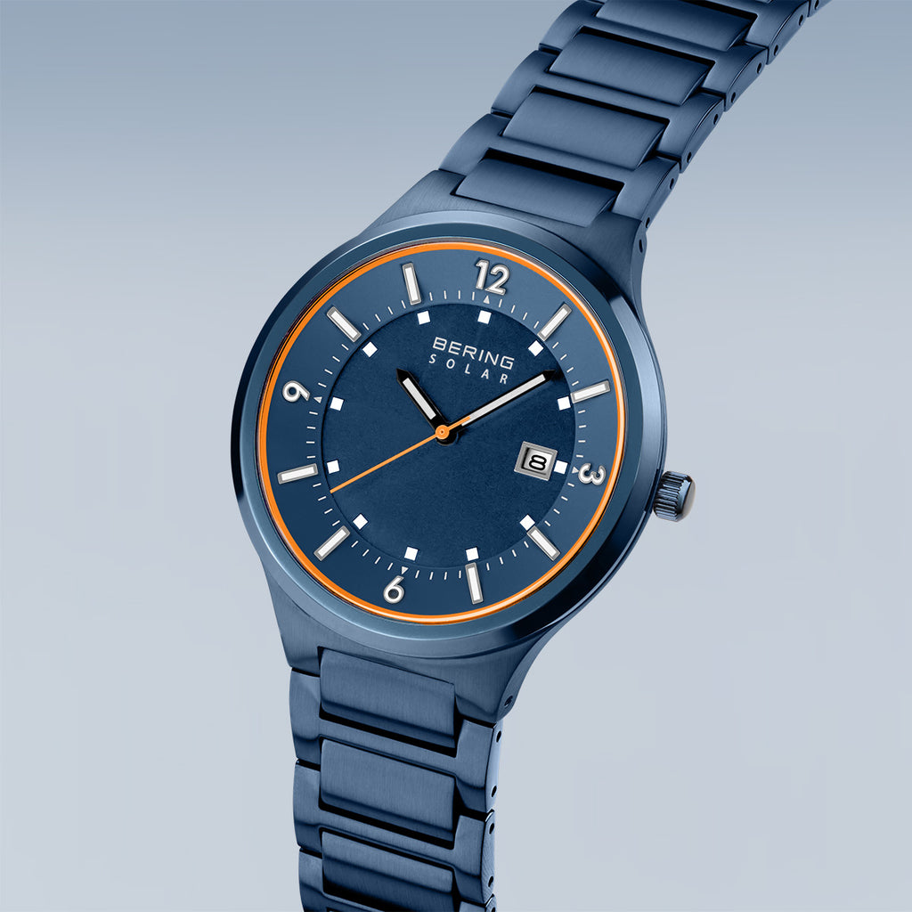 Bering Herrenuhr 14442-797 Solar Blau Orange Edelstahlarmband Datum