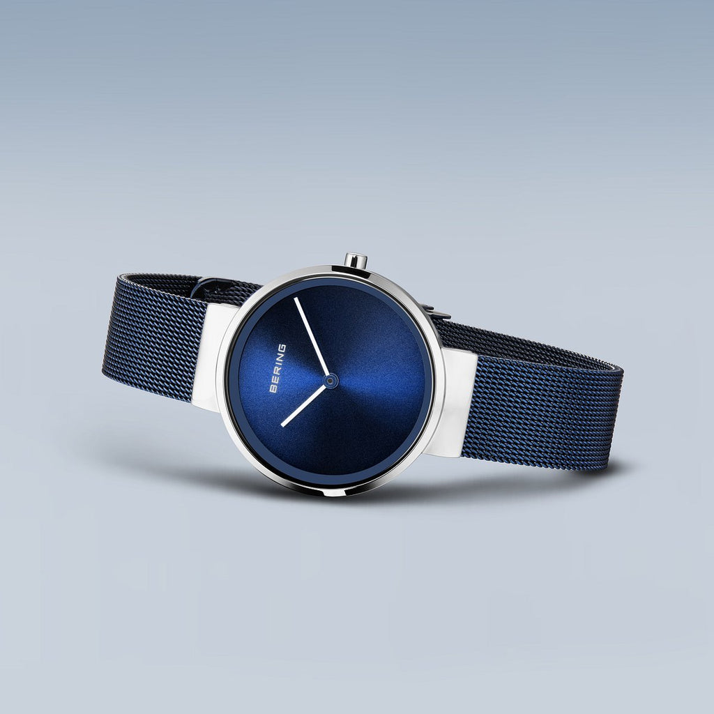 Bering Damenuhr 14531-307 Blau Silber Edelstahl Armbanduhr mit Milanaiseband elegant modern