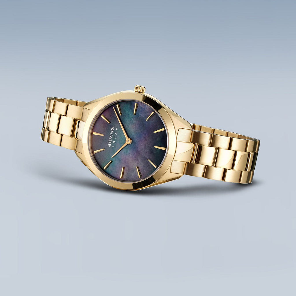 Bering Damenuhr 17331-732 Solar Gold Edelstahl Perlmutt Blau Grün