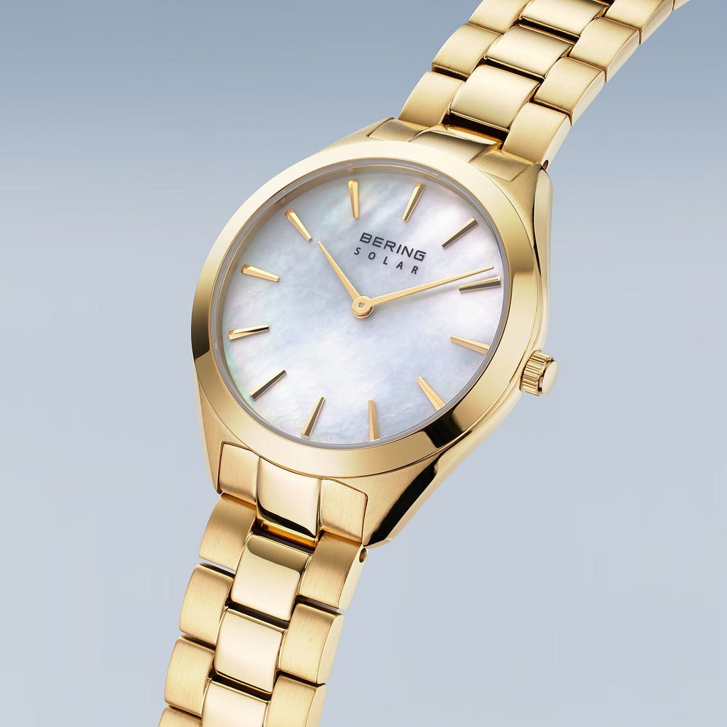 Bering Damenuhr 17331-734 Solar Gold Edelstahl Perlmutt Goldfarben