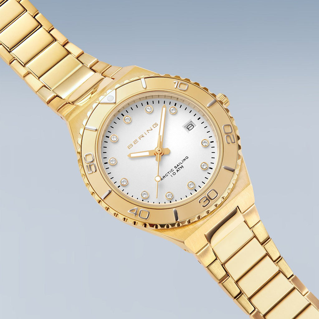Bering Damenuhr 18936-734 Gold Edelstahl Arctic Sailing Kristallbesatz Datum 10 ATM