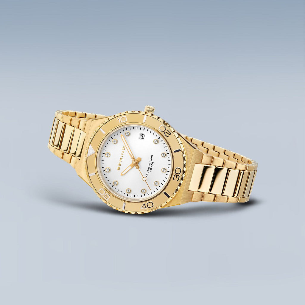 Bering Damenuhr 18936-734 Gold Edelstahl Arctic Sailing Kristallbesatz Datum 10 ATM