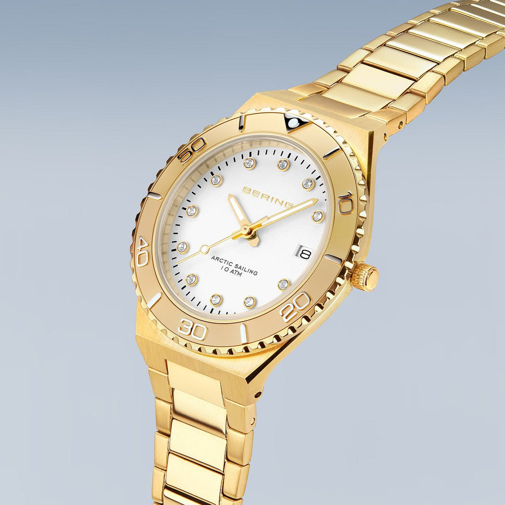 Bering Damenuhr 18936-734 Gold Edelstahl Arctic Sailing Kristallbesatz Datum 10 ATM