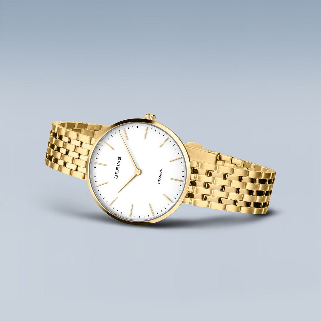 Bering Damenuhr 19334-334 Titan Gold Weiß ultraflach elegant