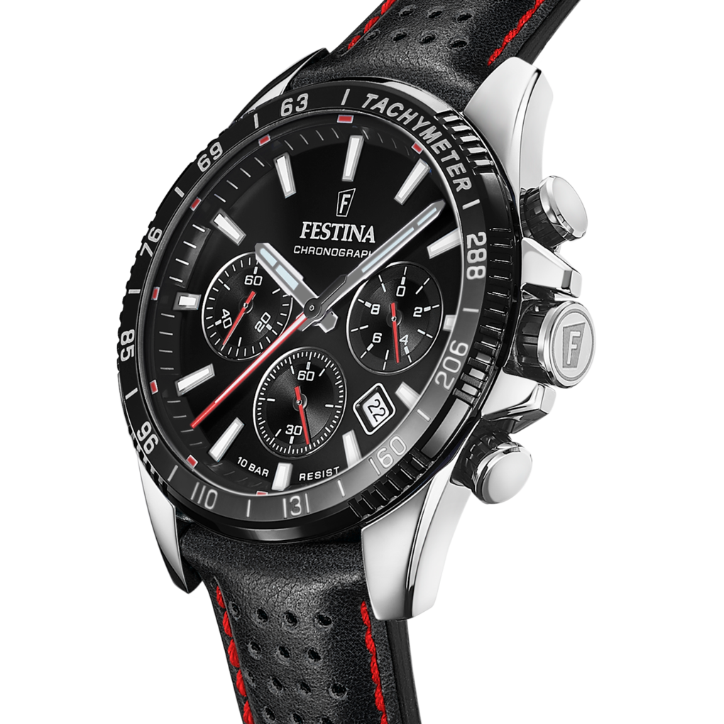 Festina Herrenuhr F20561/4 Chronograph Schwarz Lederarmband Tachymeter
