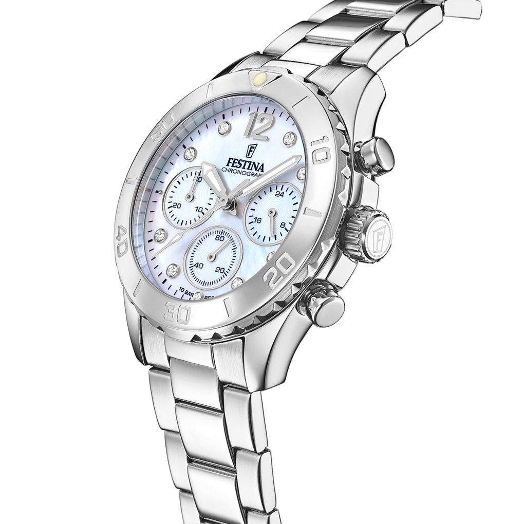 Festina Damenuhr F20603/1 Chronograph Edelstahl Silber Perlmutt Zifferblatt