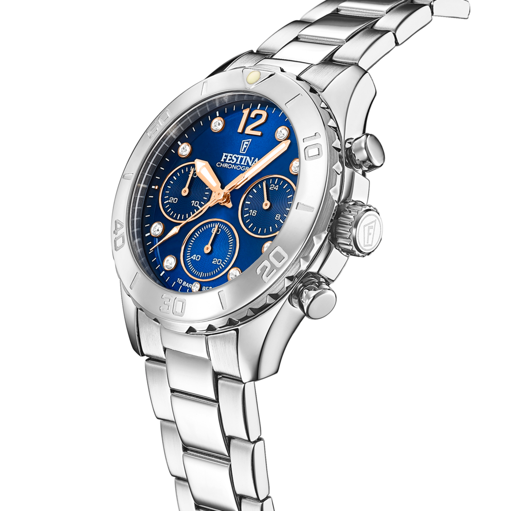 Festina Damenuhr F20603/3 Chronograph Edelstahl Silber Blau Roségold