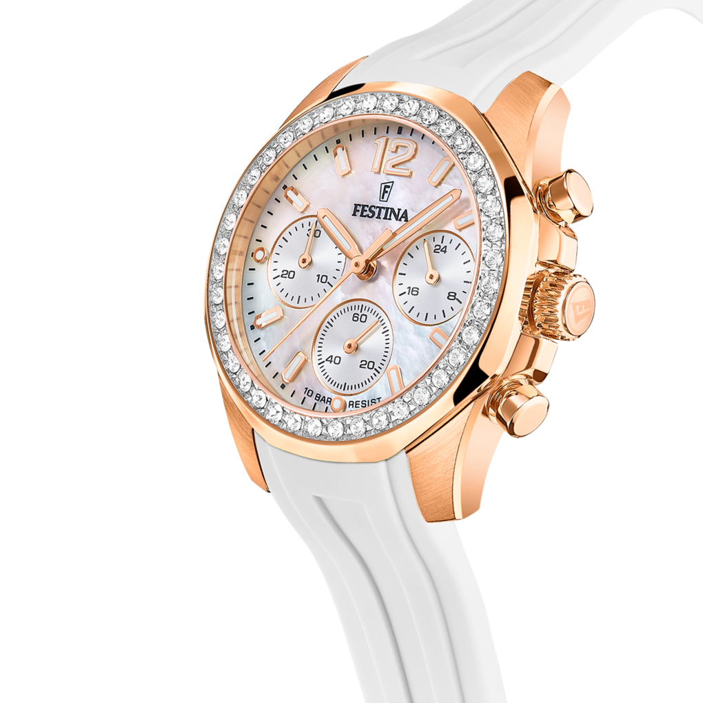 Festina Damenuhr F20611/1 Chronograph Roségold Weiß Perlmutt Silikonband