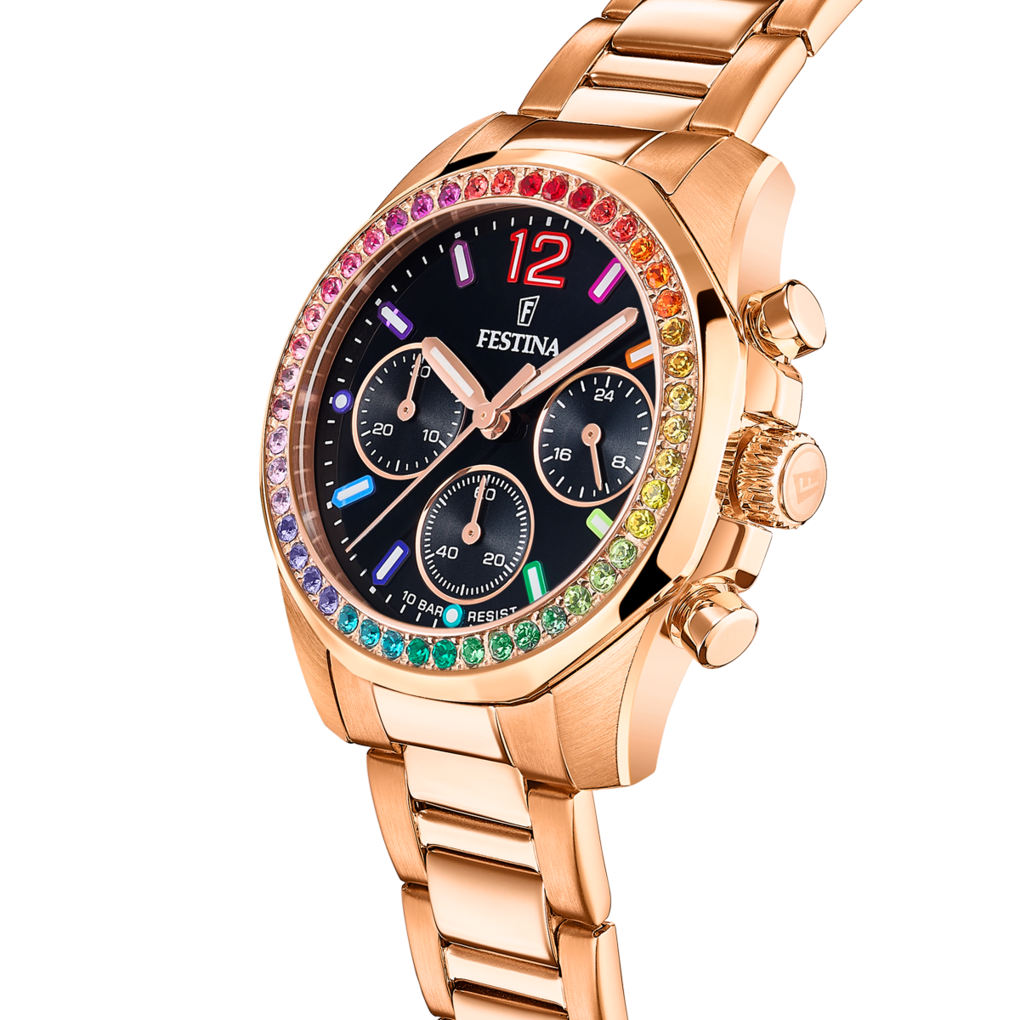 Festina Damenuhr F20639/3 Roségold Chronograph Edelstahl Rainbow Kristalle