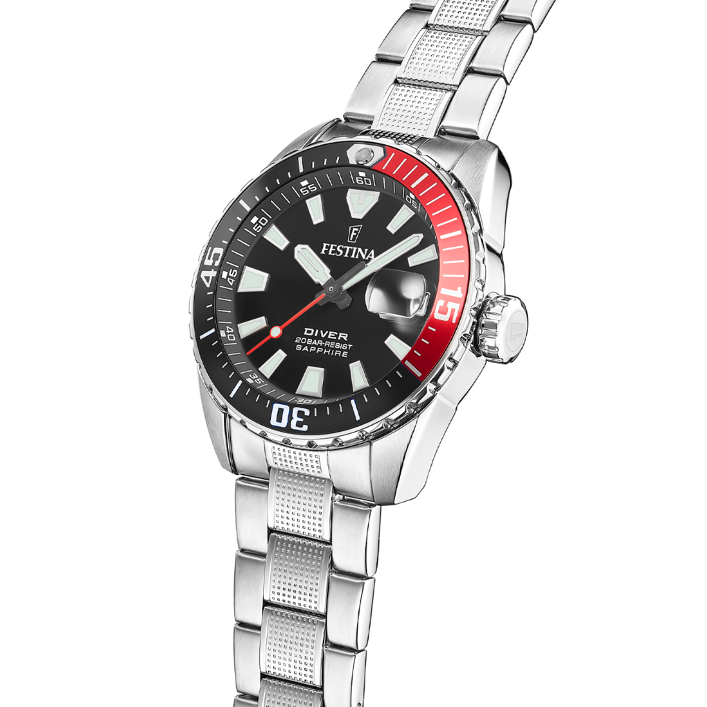 Festina Herrenuhr F20669/6 Diver Edelstahl Schwarz Rot Saphirglas 20 BAR