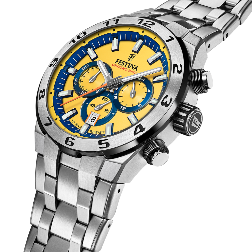 Festina Herrenuhr F20670/4 Chrono Bike Chronograph Edelstahl Gelb Blau