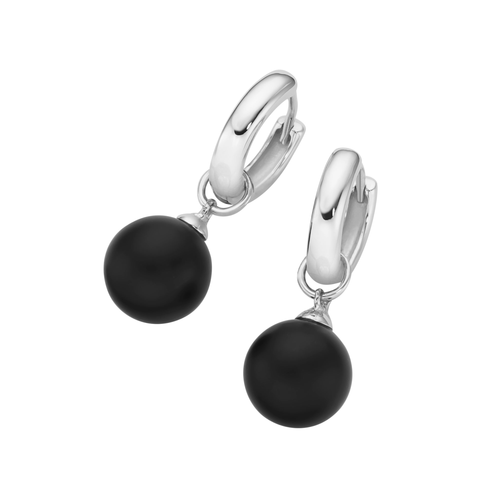 Klappcreolen mit schwarzem Achat aus 925 Sterling Silber rhodiniert – Elegante Damen Creolen mit Kugelanhänger