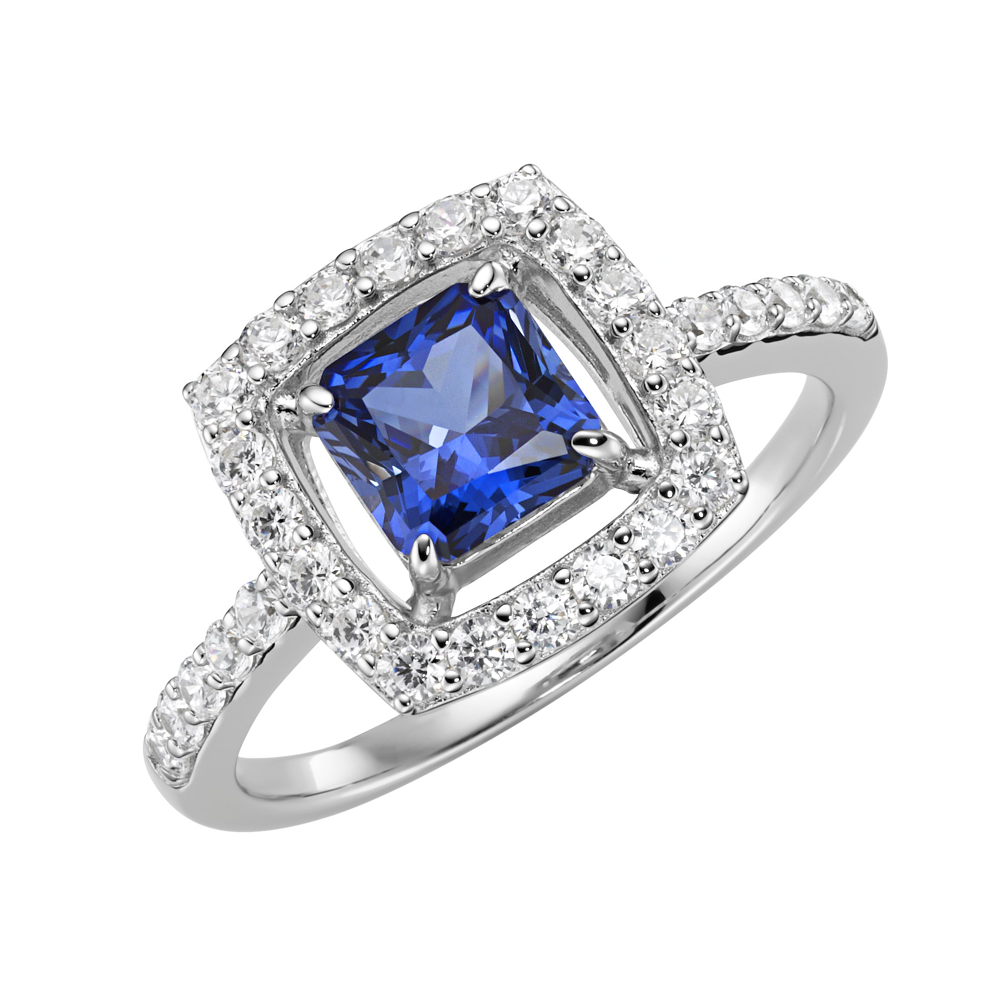 Ring mit blauem Korund und Zirkonia aus 925 Sterling Silber rhodiniert – Eleganter Damen Silberring Größe 58