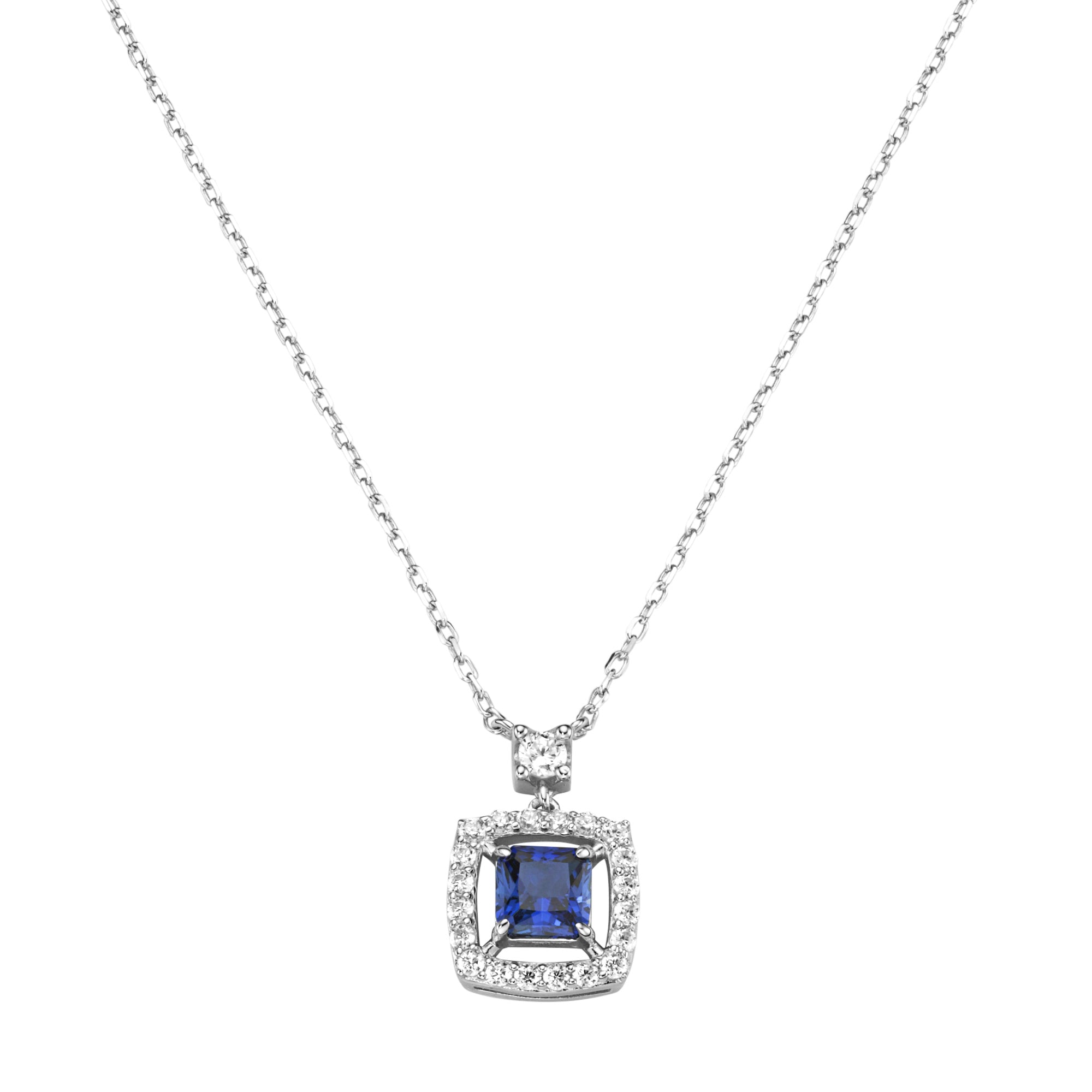Collier mit blauem Korund und Zirkonia aus 925 Sterling Silber rhodiniert – Damen Halskette 45 cm