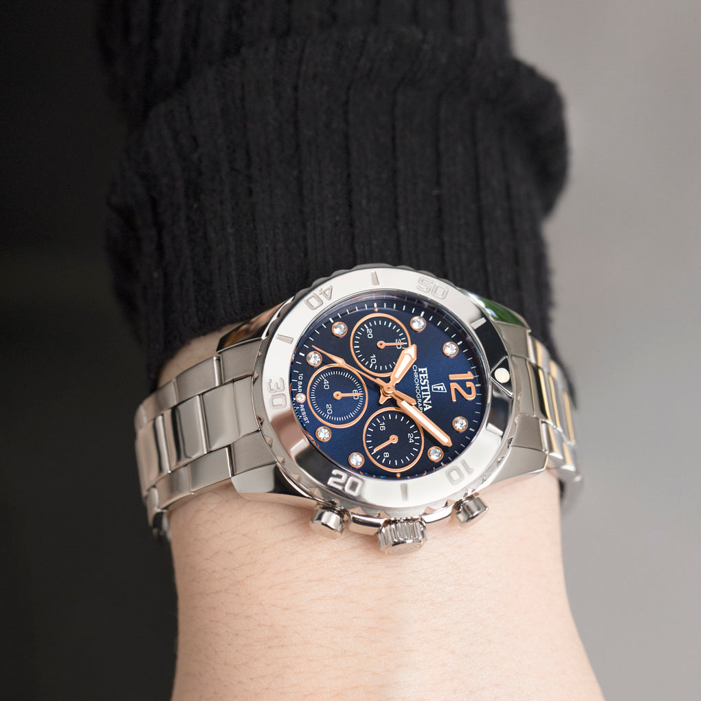 Festina Damenuhr F20603/3 Chronograph Edelstahl Silber Blau Roségold