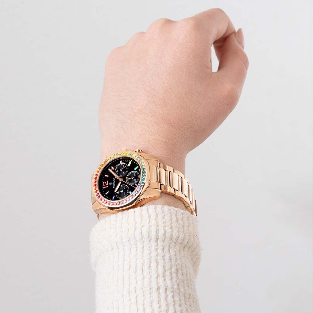 Festina Damenuhr F20639/3 Roségold Chronograph Edelstahl Rainbow Kristalle