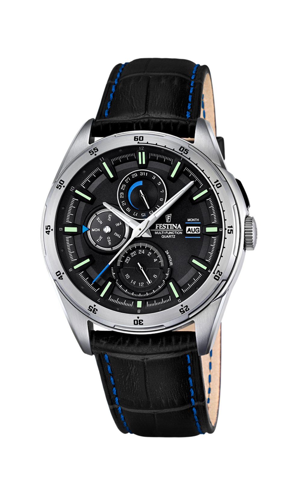Festina Herrenuhr F16877/4 Multifunktion Leder Schwarz Blau Edelstahl