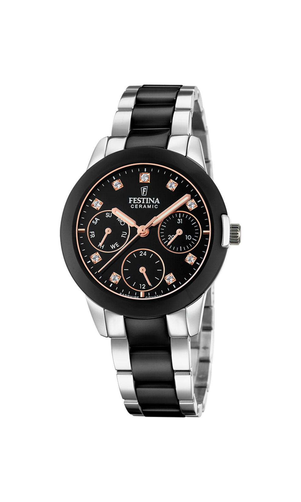 Festina Damenuhr F20497/3 Ceramic Bicolor Schwarz Edelstahl Roségold Multifunktion
