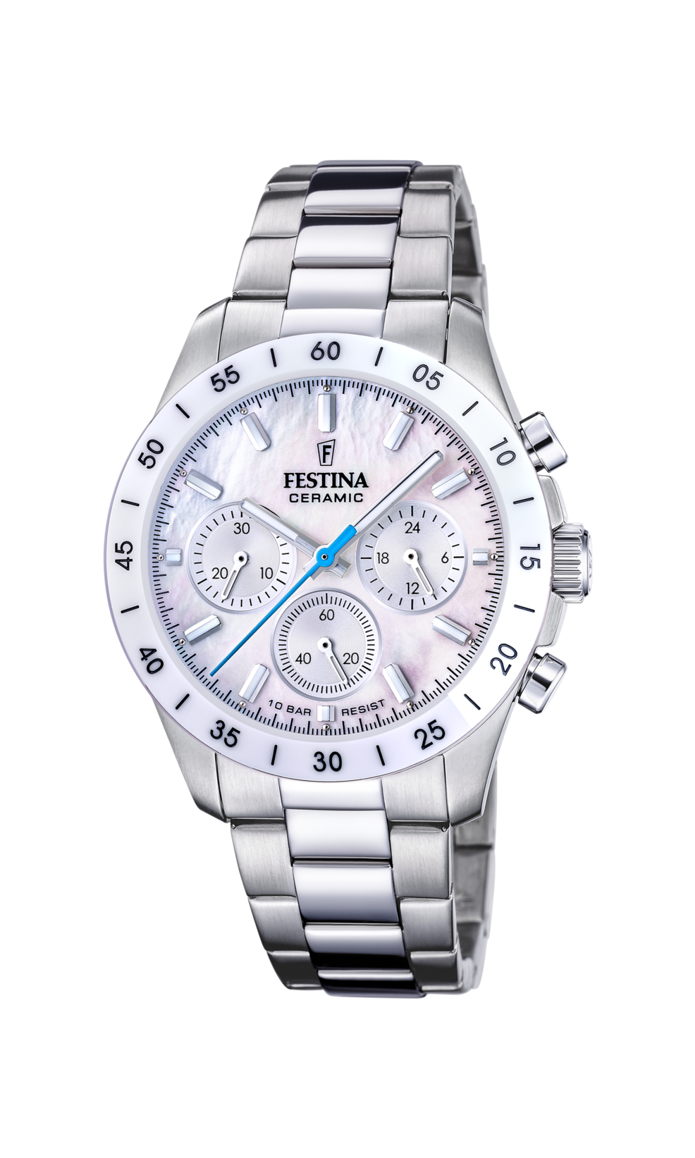 Festina Damenuhr F20693/1 Chronograph Edelstahl Keramik Perlmutt Weiß Blau