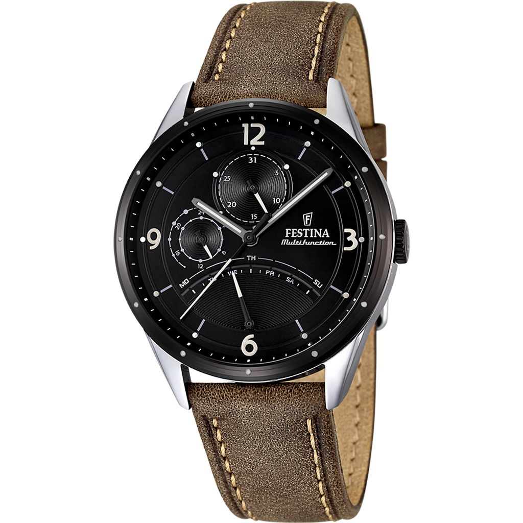 Festina Herrenuhr F16848/1 Multifunktion Leder Braun Schwarz Edelstahl