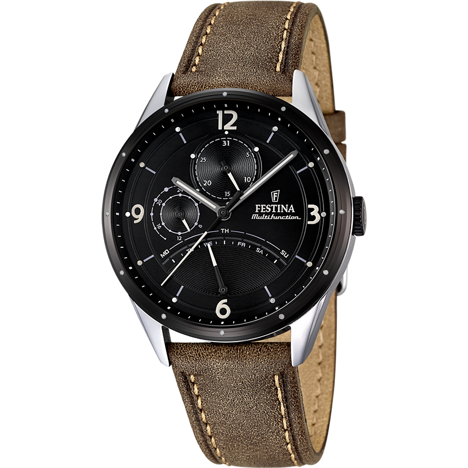 Festina Herrenuhr F16848/1 Multifunktion Leder Braun Schwarz Edelstahl
