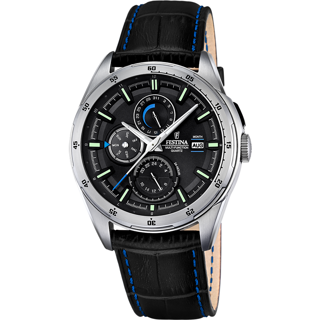 Festina Herrenuhr F16877/4 Multifunktion Leder Schwarz Blau Edelstahl