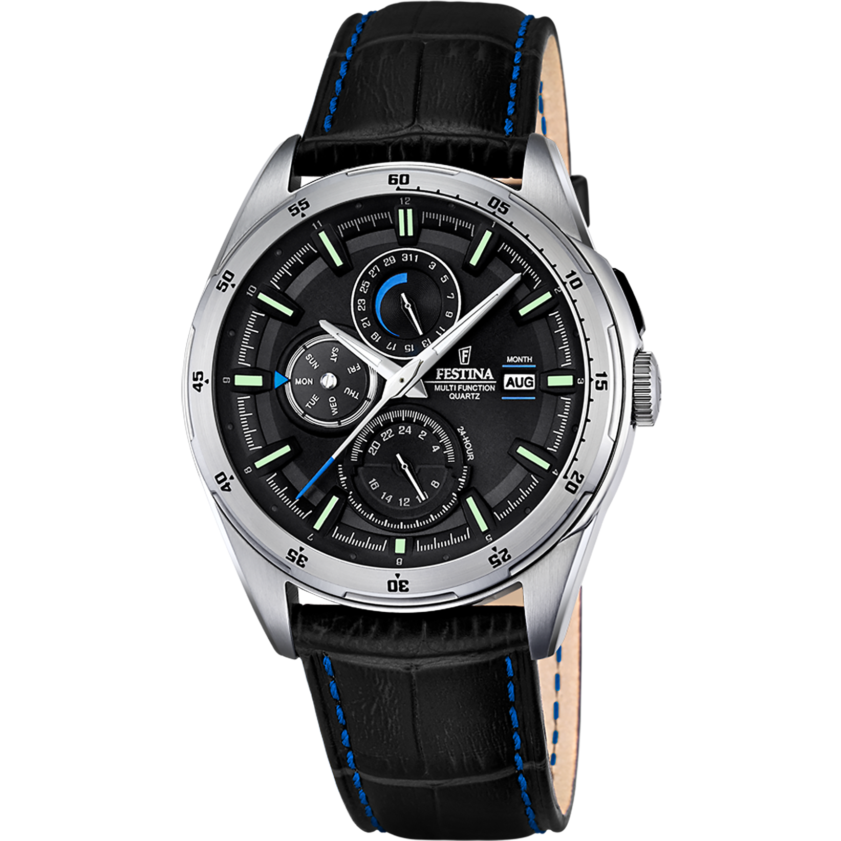 Festina Herrenuhr F16877/4 Multifunktion Leder Schwarz Blau Edelstahl