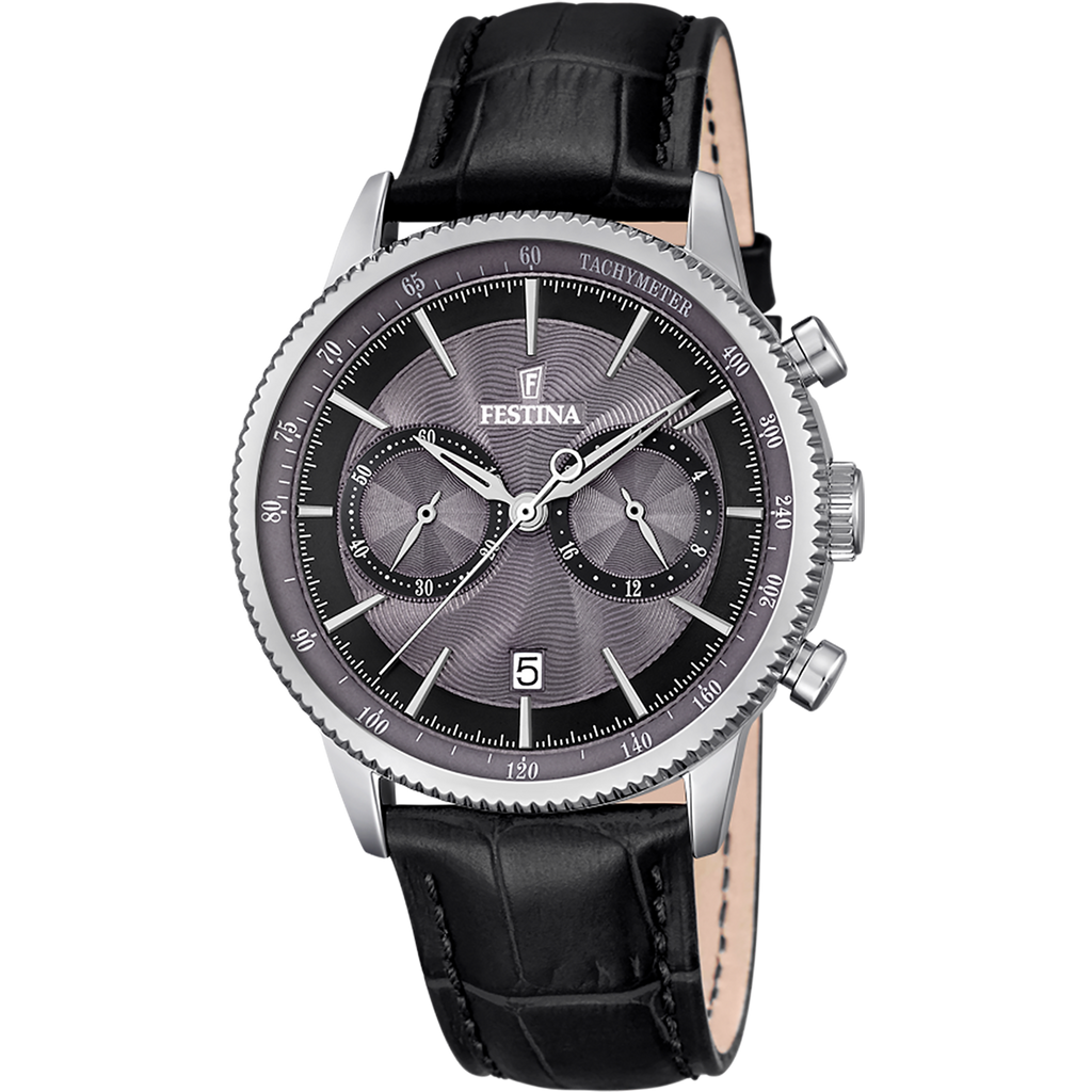 Festina Herrenuhr F16893/5 Chronograph Leder Schwarz Silber Grau