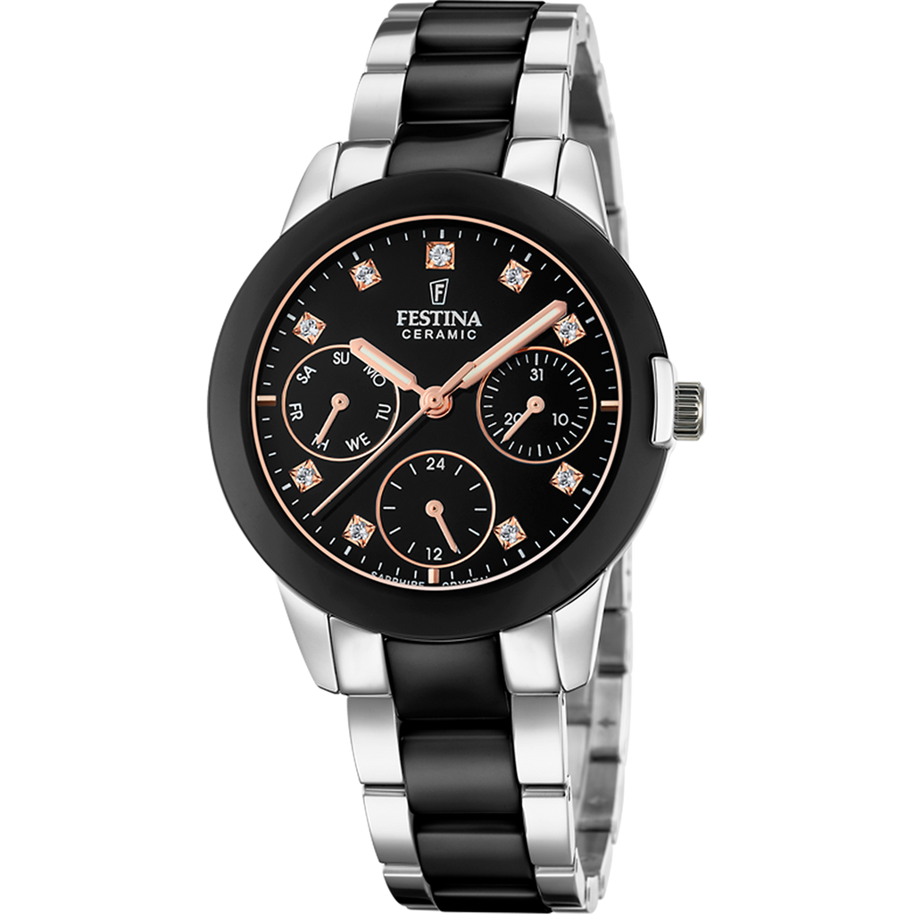 Festina Damenuhr F20497/3 Ceramic Bicolor Schwarz Edelstahl Roségold Multifunktion