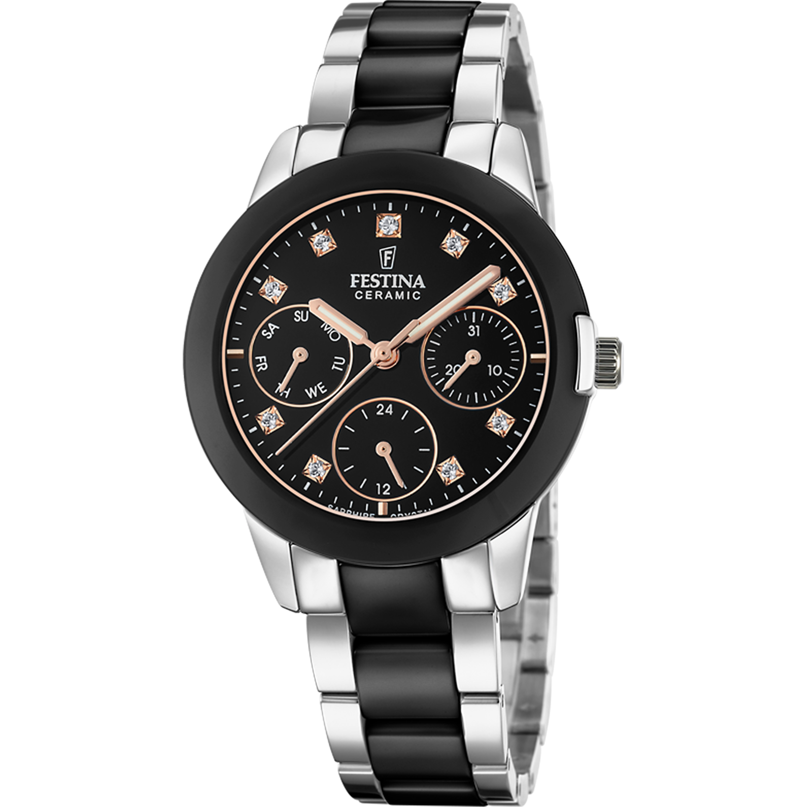 Festina Damenuhr F20497/3 Ceramic Bicolor Schwarz Edelstahl Roségold Multifunktion