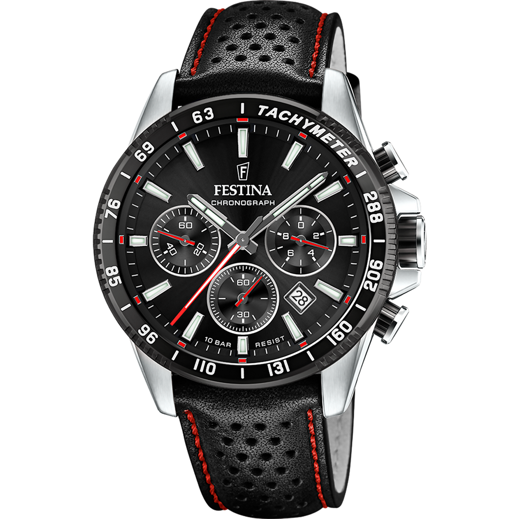Festina Herrenuhr F20561/4 Chronograph Schwarz Lederarmband Tachymeter